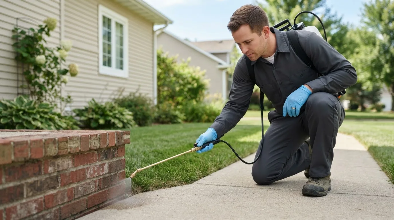 Pest control technician treating a home near Liberty, IN