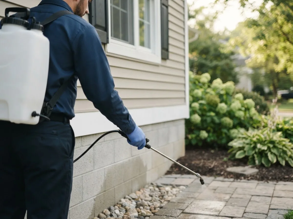 Pest control technician inspecting a home in Liberty, IN